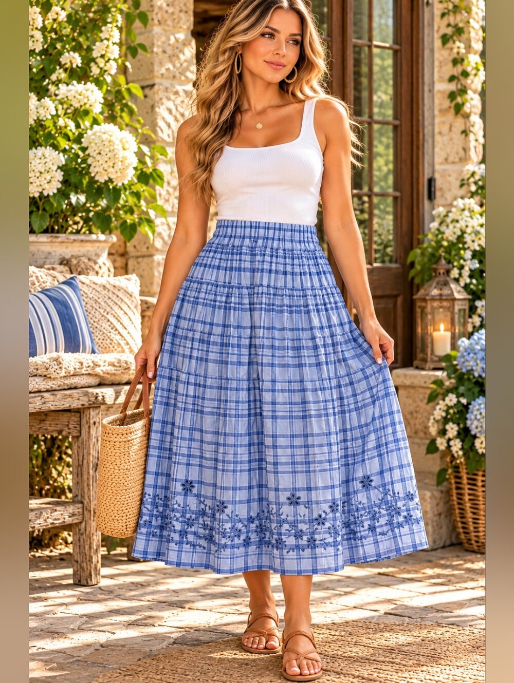NWT! Free Assembly Blue Plaid Smocked Maxi Skirt Women's Size Small (4-6) 💙🌿✨